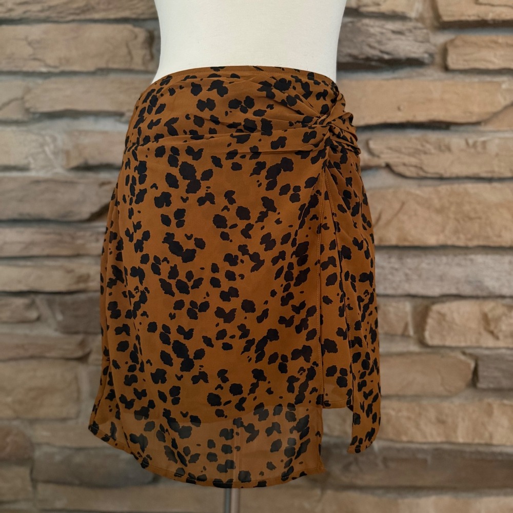 Francescas Blue Rain Brown Black Leopard Twist Front High‎ Waist Mini Skirt L